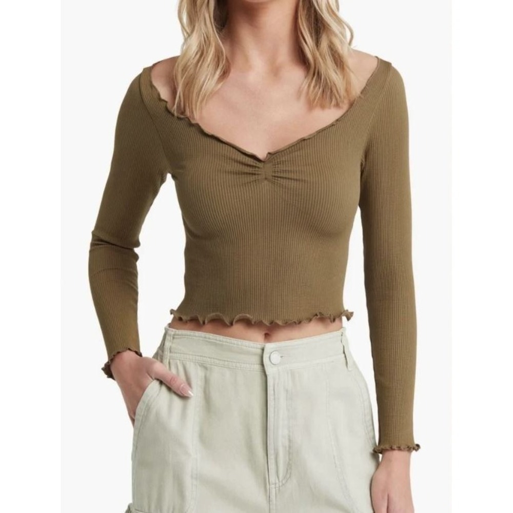 BDG Urban Outfitters Womens Elsie Rib Lettuce Edge Long Sleeve Crop Top Khaki SM